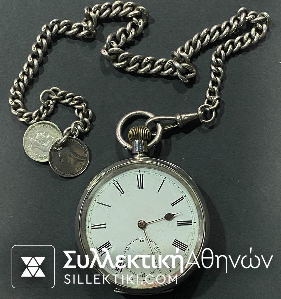 Ασημένιο (935) Ρολόι τσέπης 50 mm δικάπακο με ανοιγόμενο τζαμάκι σε λειτιυργία